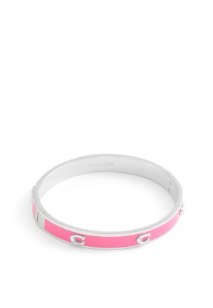 Silver bangle bracelet featuring a bright pink enamel band, with metallic accents and a smooth, shiny surface.