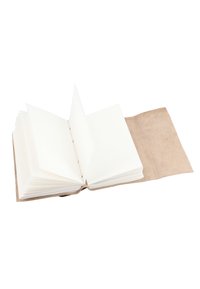 Vázaný notýsek s měkkým béžovým obalem, obsahující prázdné bílé stránky a odkryté švy. Stránky jsou hladké a flexibilní.