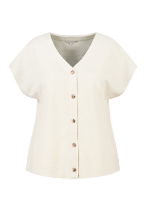 Crèmekleurige korte mouw cardigan met V-hals en vijf decoratieve gouden knopen aan de voorkant, gemaakt van een gestructureerde stof.