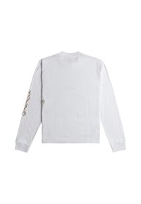 Wit katoenen T-shirt met lange mouwen en ronde hals, voorzien van een klein geborduurd ontwerp op de linkerborst en een sierlijke gouden afbeelding op de mouw.