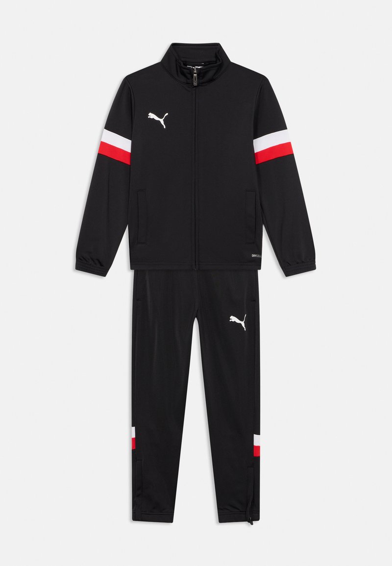 Μαύρη φόρμα από λείο ύφασμα, με κόκκινες και λευκές ριγέ λεπτομέρειες στα μανίκια και τα μπατζάκια, με λευκές λεπτομέρειες λογότυπου.