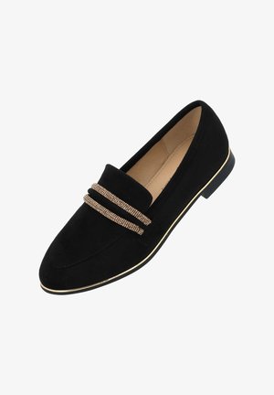 Mocasines de ante negro con una suela acentuada en oro y dos filas decorativas de cadenas de strass en la parte superior. Forro interior suave.