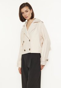 Geknipte beige dubbelzijdige jas met grote knopen en een brede kraag, gecombineerd met zwarte broeken. Gladde stof met een lichte glans.