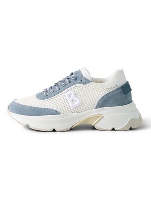 Witte en lichtblauwe sneaker met mesh- en suède-details, dikke zool, vetersluiting aan de voorkant en een verhoogd "B"-logo aan de zijkant.