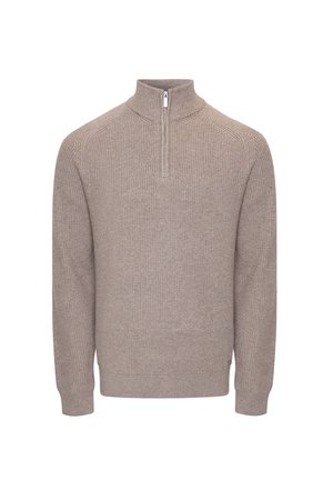 Gebreide trui in lichtbruin met een halve ritskraag, gestructureerde textuur, lange mouwen en geribde boorden en zoom. Minimalistisch ontwerp.
