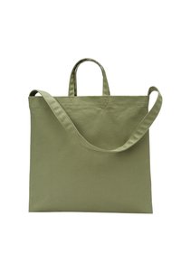 Sac en toile rectangulaire vert olive avec deux courtes poignées et une longue bandoulière sur fond blanc.