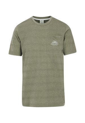 Olive green short-sleeve T-shirt made of textured fabric, featuring a front pocket and a sun graphic print with "SURF SUPPLY" text.