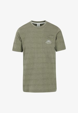 Olijfgroene T-shirt met korte mouwen van gestructureerde stof, voorzien van een voorzak en een zonafbeelding met de tekst "SURF SUPPLY".