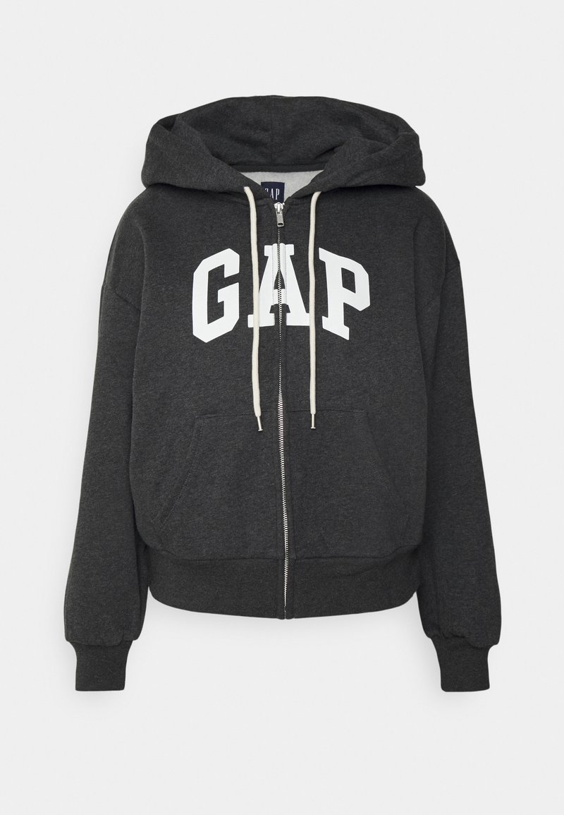 Felpa grigia con zip e logo bianco "GAP" sul davanti, con cappuccio regolabile e tasche anteriori. Tessuto morbido con polsini a coste.