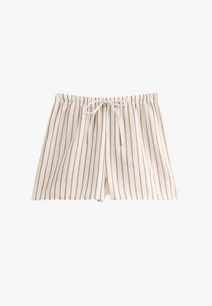 Lniane szorty o jasnobeżowym tle z brązowymi pionowymi paskami. Posiadają elastyczną talię ze sznurkiem do wiązania.