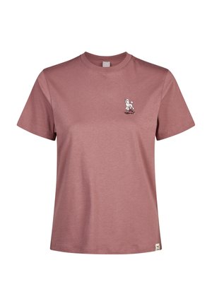 Mauvefarbenes T-Shirt mit kurzen Ärmeln und Rundhalsausschnitt, mit einer kleinen weißen Hundegrafik und Text auf der linken Brust sowie einem kleinen Etikett nahe dem unteren Saum.