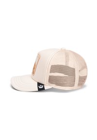 Beige cap with a mesh back, curved brim, and a patch featuring a logo on the front. Includes a black tag on the side.