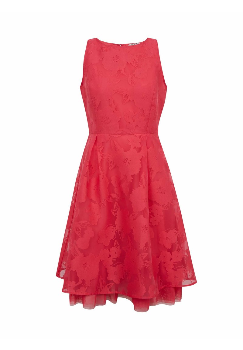 Ärmeloses rotes Blumen Kleid mit tailliertem Oberteil und ausgestellt Rock, ausgestattet mit transparentem Overlay und dezenten Blumenmustern im gesamten Kleid.