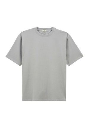 T-shirt gris à manches courtes en coton doux. Il présente un col rond et une coupe décontractée, sans motifs ni designs visibles.
