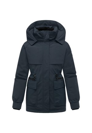Donkerblauwe geïsoleerde jas met een grote capuchon, twee borstzakken en twee ritssluitingen aan de onderkant. Kenmerkt zich door een gladde buitenzijde.