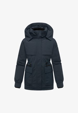 Tamno plava topla jakna s velikom kapuljačom, dva džepa na prsima i dva donja džepa sa zatvaračem. Karakterizira je glatka vanjska tekstura.