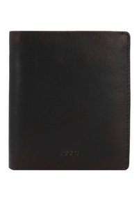 Portefeuille en cuir marron foncé avec une texture lisse, au design bi-fold et couture subtile. Présente le logo de la marque en relief sur le devant.