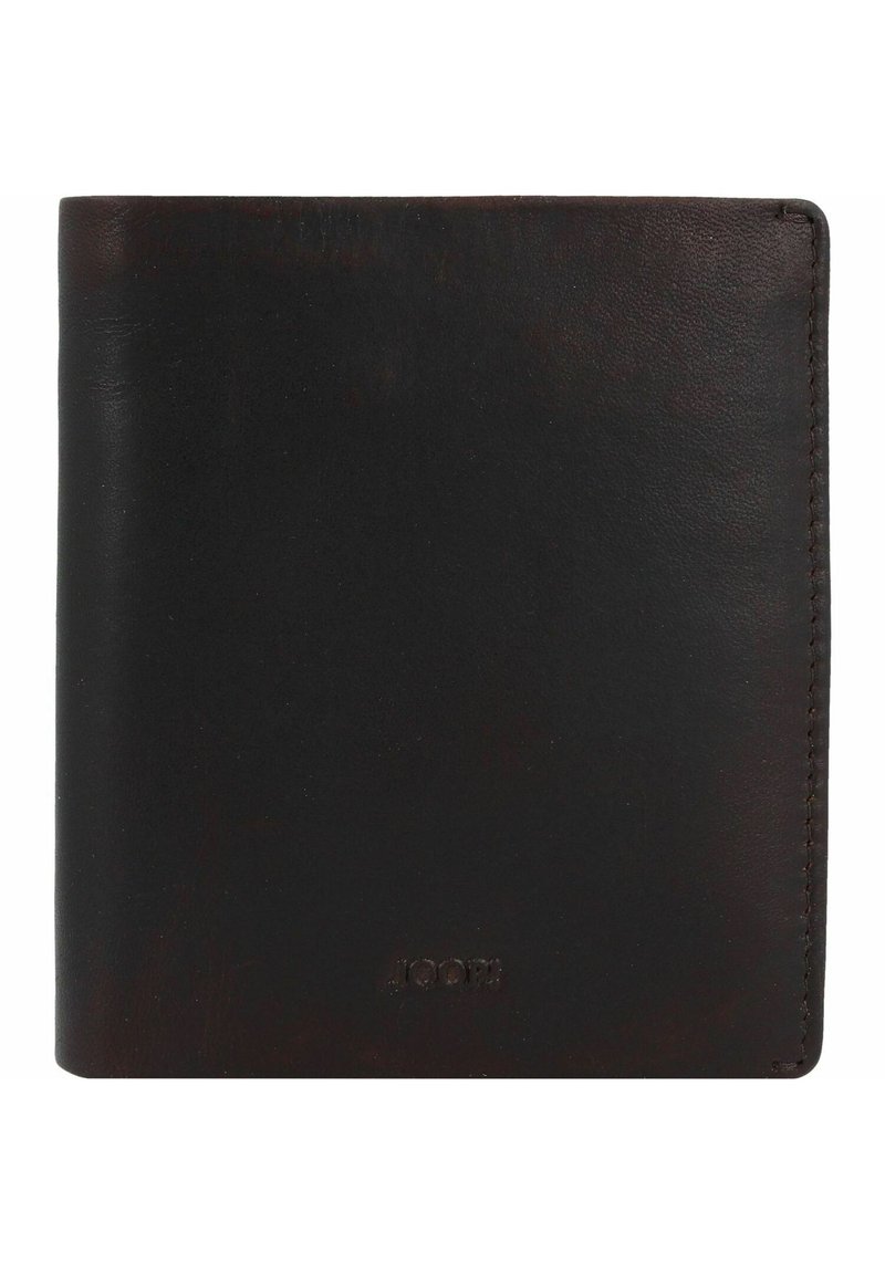 Portefeuille en cuir marron foncé avec une texture lisse, au design bi-fold et couture subtile. Présente le logo de la marque en relief sur le devant.