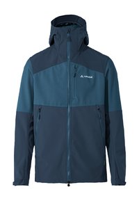 Veste softshell bleu marine avec un col montant, une fermeture éclair à l'avant et deux poches latérales. Comprend un panneau de poitrine bleu clair et un détail de logo.
