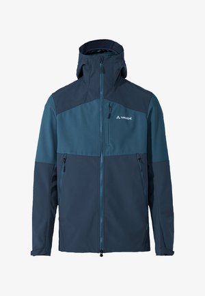Veste softshell bleu marine avec un col montant, une fermeture éclair à l'avant et deux poches latérales. Comprend un panneau de poitrine bleu clair et un détail de logo.