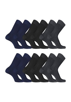 Deux ensembles de six paires de chaussettes habillées en bleu marine, noir et gris foncé, disposées en une rangée sur un fond blanc.