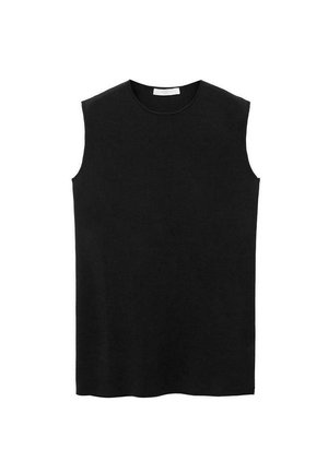 Top nero senza maniche in tessuto liscio, caratterizzato da un collo rotondo e una silhouette dritta, senza motivi visibili o accessori.