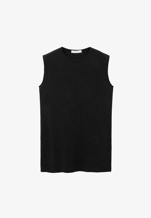 Črn brezrokavnik iz gladkega materiala, z okroglim izrezom in ravno silhueto, brez vidnih vzorcev ali dodatkov.