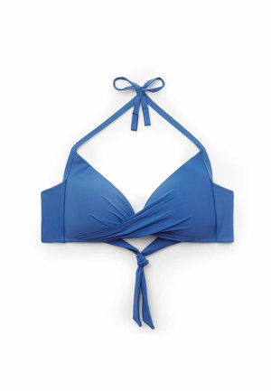 Blå bikiniöverdel med en triangelformad design, halterneck med knytband och en vriden frontdetalj, tillverkad av mjukt, elastiskt tyg.