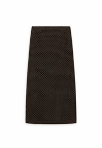 Brauner, knielanger Rock aus perforiertem Stoff, mit figurbetontem Design und schlichter Taille, mit glatter, strukturierter Oberfläche.