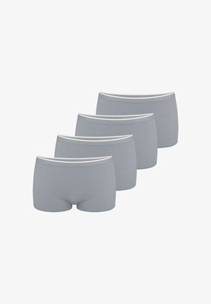 Shorty garçon en coton gris avec une ceinture élastique crème, présenté en lot de quatre. Texture lisse, sans motifs ni détails supplémentaires.