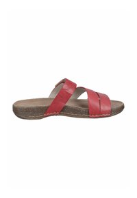 Red leather slide sandal featuring three crossing straps, a textured cork sole, and a flat design for comfort. Minimal stitching detail visible.