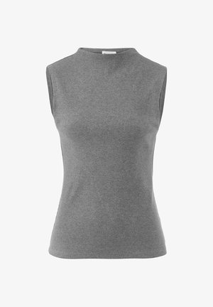 Top grigio a coste senza maniche con collo alto e design aderente, caratterizzato da una texture liscia e privo di chiusure o decorazioni visibili.