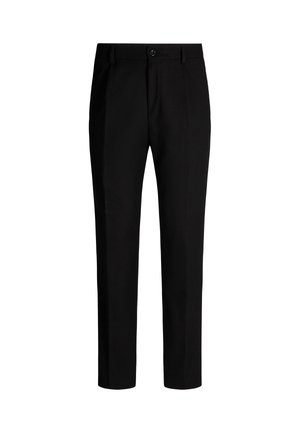 Pantaloni neri con una design a gamba dritta, realizzati in tessuto intrecciato, con chiusura anteriore a bottone e tasche laterali. Texture liscia.