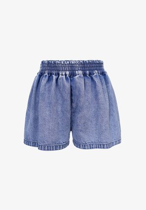 Blauwe spijkerbroekshorts met een elastische tailleband, met een ontspannen pasvorm en geplooide textuur, wat een volumineuze uitstraling geeft.