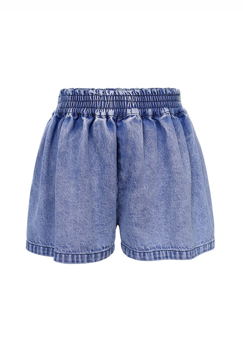 Blauwe spijkerbroekshorts met een elastische tailleband, met een ontspannen pasvorm en geplooide textuur, wat een volumineuze uitstraling geeft.
