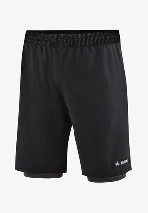 Schwarze Sportshorts mit einem elastischen Bund, aus leichtem Stoff. Mit einem Logo auf der unteren rechten Seite und Innenfutter.