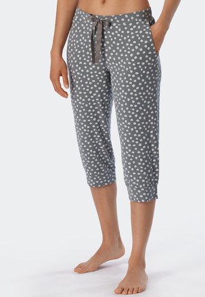 Pantalons capri gris à pois avec une texture douce, taille élastique et cordon en satin. Comprend des poches latérales et des poignets resserrés.