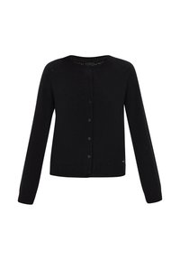 Zwarte cardigan gemaakt van zachte stof met een ronde halslijn, knoopsluiting, lange mouwen en een geribde zoom en manchetten.