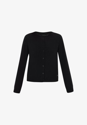 Schwarze Strickjacke aus weichem Stoff mit Rundhalsausschnitt, Knopfverschluss, langen Ärmeln sowie geripptem Saum und Bündchen.