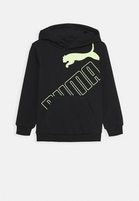 Černá mikina s kapucí a velkým neonově zeleným logem "PUMA" a grafikou pantera. Obsahuje přední klokanní kapsu a žebrované manžety.
