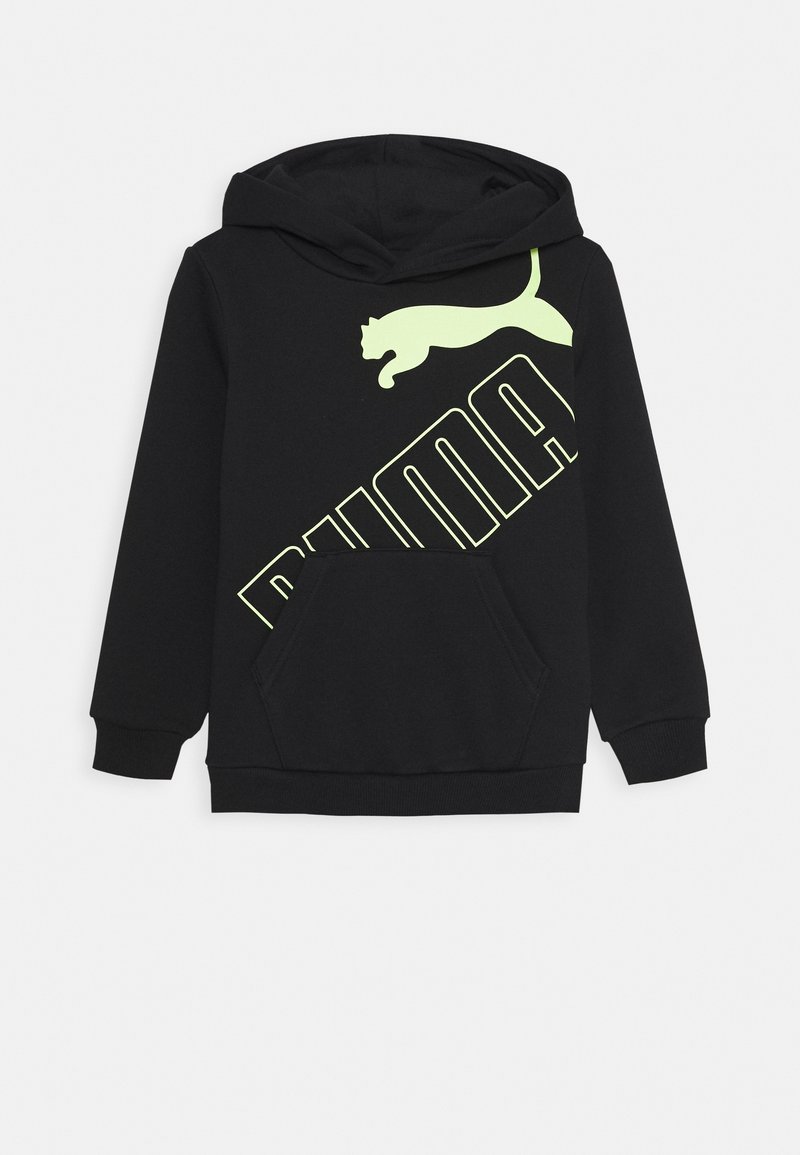 Black hoodie with a large neon green "PUMA" logo and panther graphic. Features a front kangaroo pocket and ribbed cuffs.