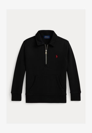 Black fleece pullover with a mock collar, half-zip front, red logo on the chest, and a front kangaroo pocket. Soft texture.