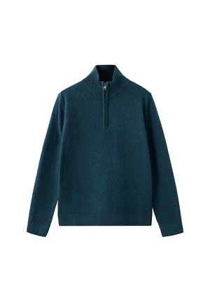 Pull-over à manches longues bleu sarcelle foncé avec une fermeture éclair avant d’un quart de longueur et un col montant, présenté sur fond blanc.
