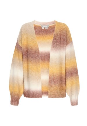 Knit cardigan featuring a striped pattern in shades of yellow, pink, and cream. Open front, long sleeves, and ribbed cuffs. Soft texture.