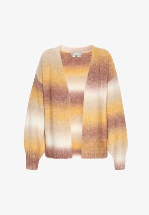 Knit cardigan featuring a striped pattern in shades of yellow, pink, and cream. Open front, long sleeves, and ribbed cuffs. Soft texture.