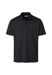 Černé polo tričko vyrobené z hladkého materiálu, vybavené klasickým límcem, zapínáním na tři knoflíky a decentním logem VAUDE na hrudi.