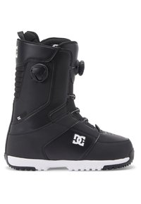 Botte de snowboard noire avec un dessus synthétique lisse. Équipée d'un système de laçage BOA, d'un col à rembourrage et d'une semelle en caoutchouc blanc avec une adhérence texturée.