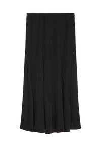 Jupe plissée noire en tissu léger, présentant une texture douce et un design fluide, avec une bande de taille pour un bon ajustement.