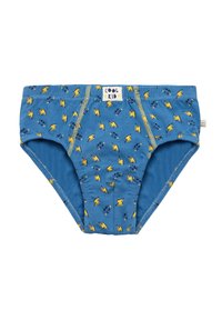 Ropa interior de algodón azul con un patrón de rayos en amarillo y negro. Cintura elástica con una etiqueta de "COOL KID" en la parte delantera.