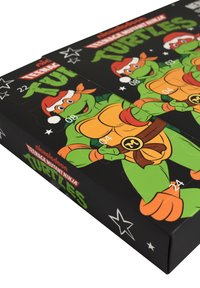 Calendario dell'Avvento delle Tartarughe Ninja, scatola nera con illustrazioni verdi e arancioni, ritagli a forma di porta numerati e accenti a forma di stella.